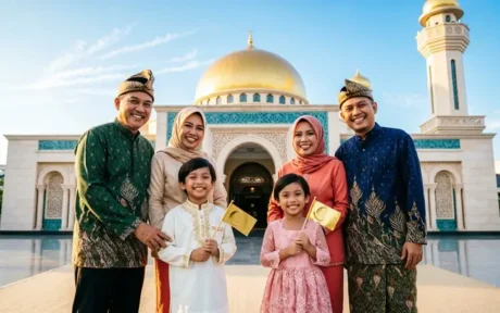 Sebuah keluarga yang berpose setelah menuanaikan shalat Idul Adha [Ilustrasi]