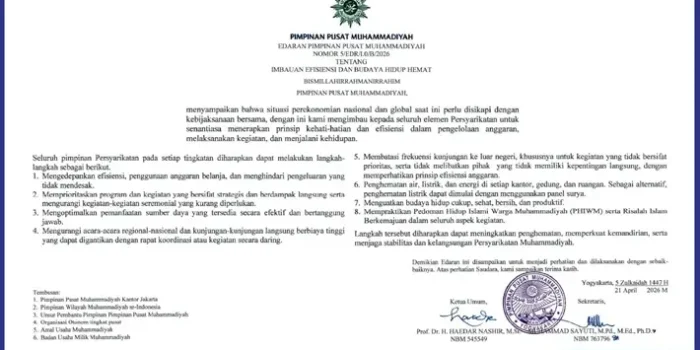 PP Muhammadiyah Keluarkan Edaran Efisiensi: Imbauan Hidup Hemat dan Pengelolaan Anggaran 2026